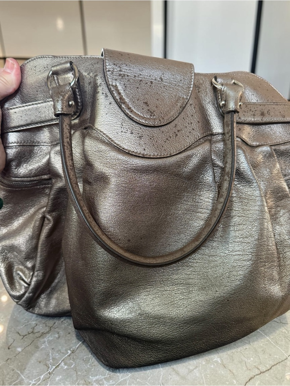 Salvatore Ferragamo Gancini Metallic Pewter Leather Satchel w/COA AS IS Project - Picture 5 of 8